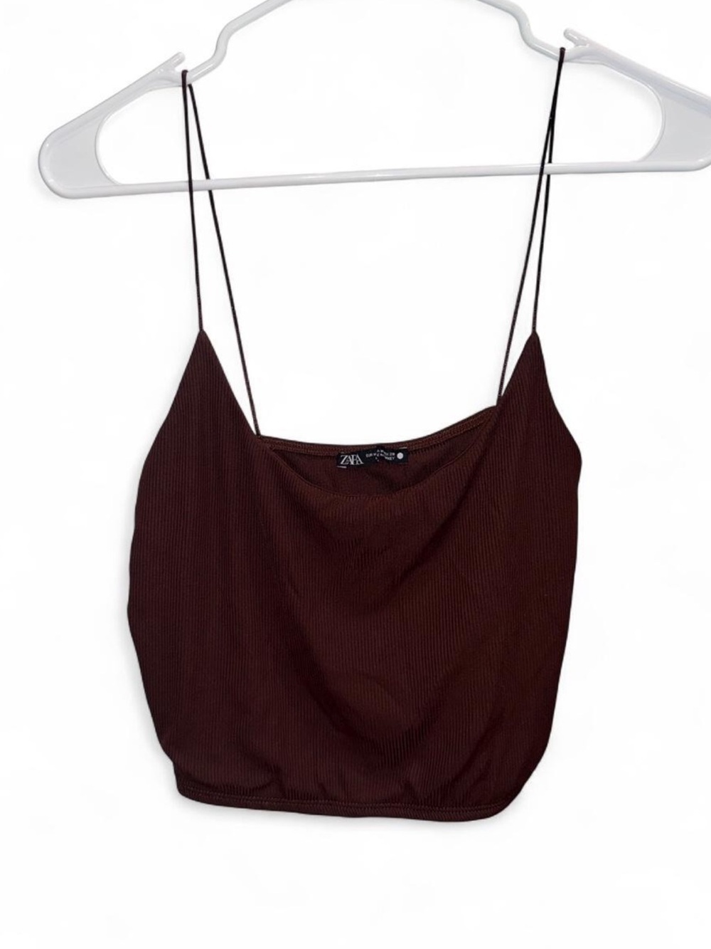 Zara Dark Brown Ribbed Spaghetti-Strap Crop Tank